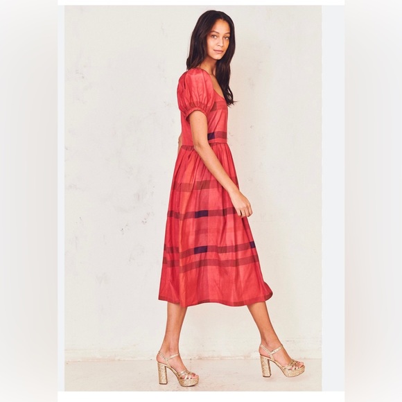 LoveShackFancy Red Plaid Silk Dress for Holidays - 2 - Picture 2 of 9